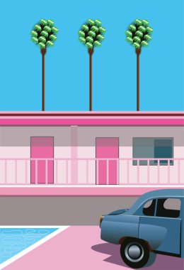 Pembe yol otelinin yanındaki yüzme havuzunun yanında duran tropik yaz manzarasının minimalist düz stil çizimi palmiye ağaçları ve mavi gökyüzünün arka planına karşı.