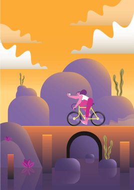 Elinde bir kronometreyle engebeli bir arazide bisiklet süren bir kadın çizgi film karakterinin vektör çizimi. Kadın hayattaki hedefine doğru ilerliyor. Moda düz karakter tasarımı.