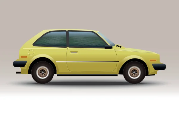 小さな家族のサブコンパクトカーの現実的なベクトルイラスト 黄色1980年代のレトロなランバック サイドビュー — ストックベクタ
