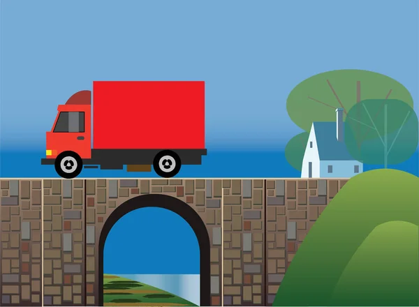 平らな赤い貨物トラックが村の近くの石の橋を渡って移動しています ベクトル図 — ストックベクタ
