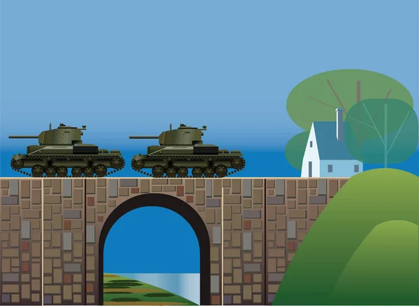 Мировая Война Танков Движущихся Actoss Каменный Мост Возле Деревни Иллюстрация — стоковый вектор