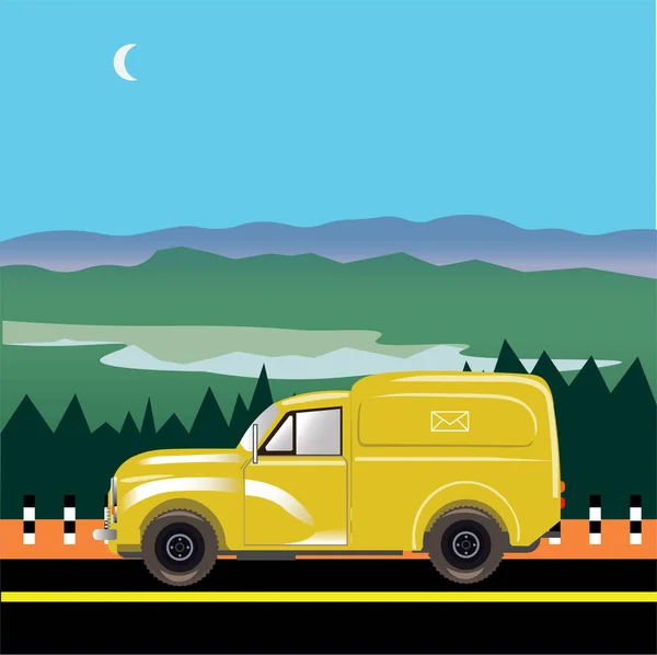 黄色のレトロバン 郵便サービス車 郵便配達 都市ポップアートと夏の山の風景のミニマリズムフラットスタイルベクトルイラスト — ストックベクタ