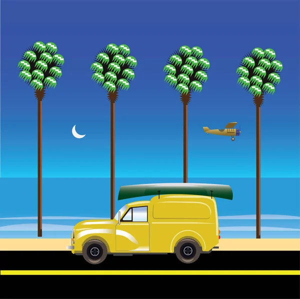 以棕榈树为背景 以20世纪30年代蓝天双翼飞机 城市流行艺术为背景 用复古面包车站在海滩旁的夏季热带风景的简约平面风格矢量图解 — 图库矢量图片