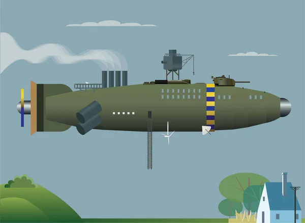 Dieselpunk Style Battle Zeppelin Military Cannons Flying Village Vector Illustration — Stock Vector