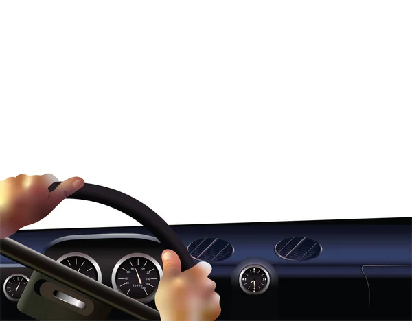 View Car Hands Driving Wheel Control Panel Car Dashboard Vector — Stock Vector