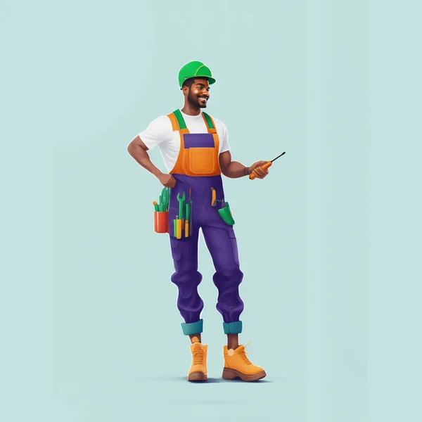 Male Construction Worker Jumpsuit Hard Hat Character Design Isolated Blue — Foto de Stock