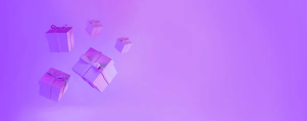 Креативний Банер Візуалізація Плаваючої Подарункової Коробки Стрічкою Рожеве Освітлення Простір — стокове фото