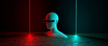 Sanal gerçeklik kulaklığı takan üç boyutlu soyut manken kafası. Siber punk arka plan, kırmızı ve mavi neon lambalar, ıslak asfalt zemin. Uzayı kopyala 3d illüstrasyon