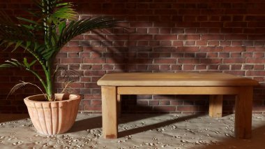 Üç boyutlu ahşap bir masa, tuğla duvara dayalı, ürün sergisi modeli. Kavanozdaki palmiye ağacı