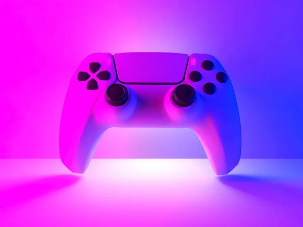 ゲームコントローラーの3Dレンダリング 白い背景に隔離されたジョイパッド サイバーパンクスタイルのピンクと青の照明 — ストック写真