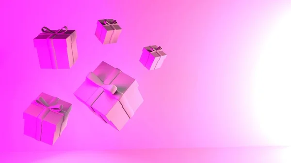 creative banner, 3d rendering of floating gift boxes with ribbon, pink lighting, copy space