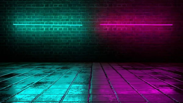 dark brick wall texture with purple and blue neon lights, 3d rendering, product mockup, retrowave style studio background template