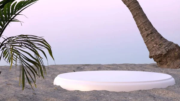 Απεικόνιση Ενός Στρογγυλού Κεραμικού Βάθρου Μια Τροπική Παραλία Κλαδί Φοίνικα — Φωτογραφία Αρχείου