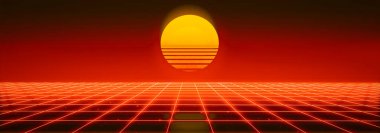 3D özet 1980 'ler retrodalgası, kopyalama alanı olan siber punk arkaplan, kırmızı neon perspektif ızgarası
