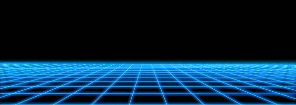 stock image 3d abstract 1980's retrowave, cyberpunk background with copy space, blue neon perspective grid