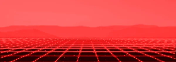 3d abstract 1980\'s retrowave, cyberpunk background with copy space, red neon perspective grid