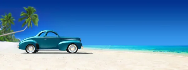 热带海滩上的老式经典汽车的图解 抄袭空间 宽横幅 — 图库照片