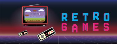 1980 'lerin televizyon setli retrowave arka planına karşı siber punk perspektif ızgaralı oyun pankartları. Vektör illüstrasyonu.