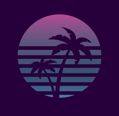 Tropikal palmiye ağaçları ve 1980 'lerin stilize edilmiş pembe güneşli siyah arka planlı retrodalga logosu tasarımı. Vektör illüstrasyonu