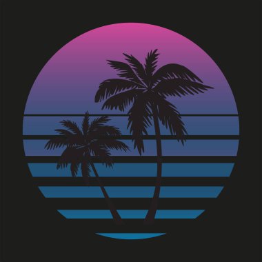 1980 'in neon bilim kurgu manzarası. Retrowave logosu, sentetik dalga vektör arkaplanı. Siber punk perspektif ızgarası.