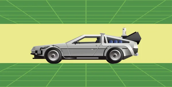 1980 Talets Stil Bil Från Framtiden Cyberpunk Neon Perspektiv Rutnät — Stock vektor