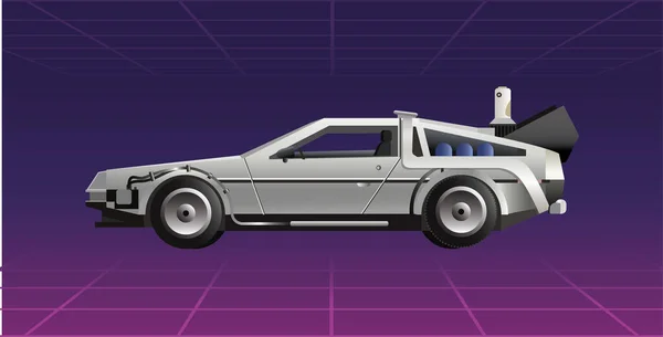 1980 Stílusú Autó Jövőből Cyberpunk Neon Perspektíva Rács Háttér Oldalnézet — Stock Vector