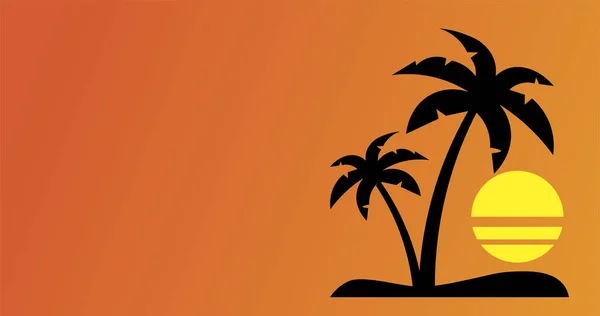 Vector Illustratie Van Kokosnoot Palmbomen Met Zonsondergang Oranje Achtergrond Kopieer — Stockvector