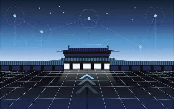 Retrowave Vettoriale Illustrazione Cyberpunk Prospettiva Griglia Con Tradizionale Tempio Asiatico — Vettoriale Stock