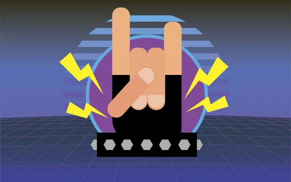 Znak Rogów Ikona Retrowave Hard Rock Heavy Metal Gest Ręka — Wektor stockowy