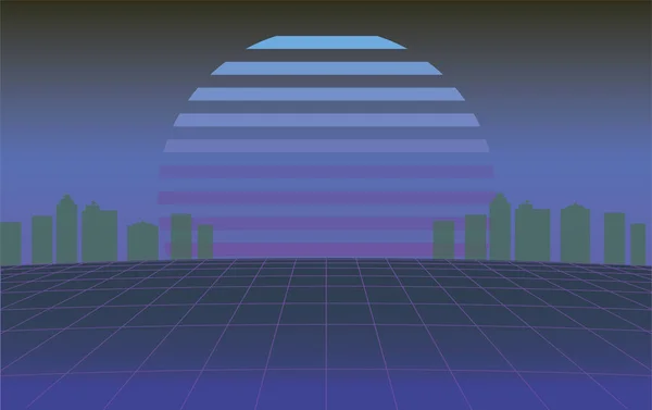 Fond Rétroonde Avec Grille Néon Cyberpunk Des Années 1980 Ville — Image vectorielle