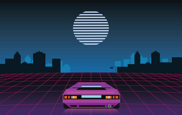 80s retrowave background, 3d illustration. Retro video racing game concept. Futuristic car drive through neon abstract cyberspace with perspective grid. Vector illustration