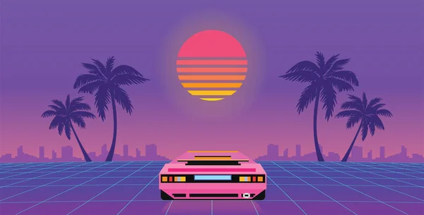 80Er Jahre Retrowave Hintergrund Illustration Retro Videospiel Konzept Futuristische Autofahrt — Stockvektor