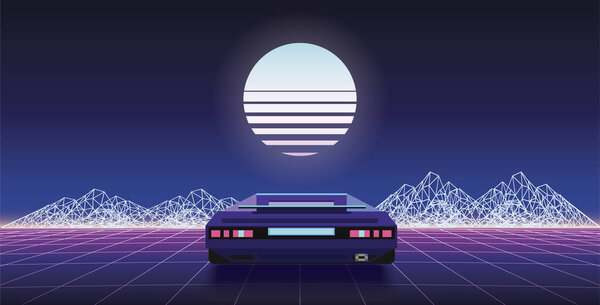 1980s retro wave background, 3d illustration of a future car driving through neon cyberpunk perspective grid. Old school video racing game concept, vector design.