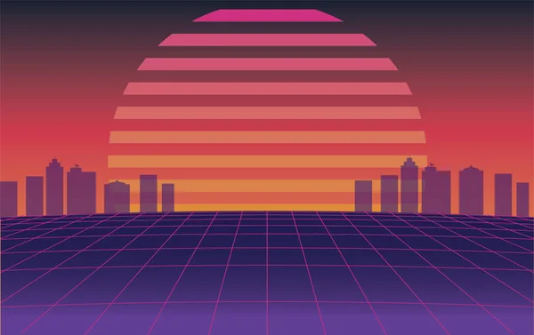 Retrowave Hintergrund Mit Dem Cyber Punk Neon Raster Der 1980Er — Stockvektor
