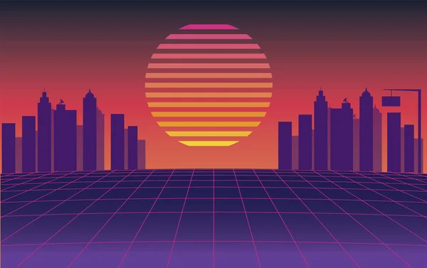Fundo Retrowave Com Grade Neon Cyberpunk 1980 Cidade Contra Pôr —  Vetores de Stock