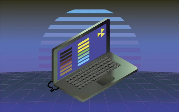 Wektorowa Ilustracja Futurystycznego Laptopa Cyberpunkowego Hakera Tle Retrofali — Wektor stockowy