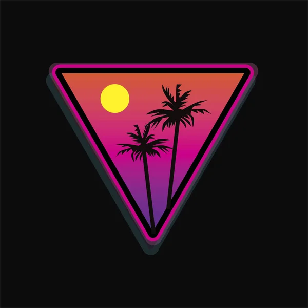 逆波标志设计与热带棕榈树和1980年代风格粉红三角形 隔离在黑色背景 矢量说明 — 图库矢量图片