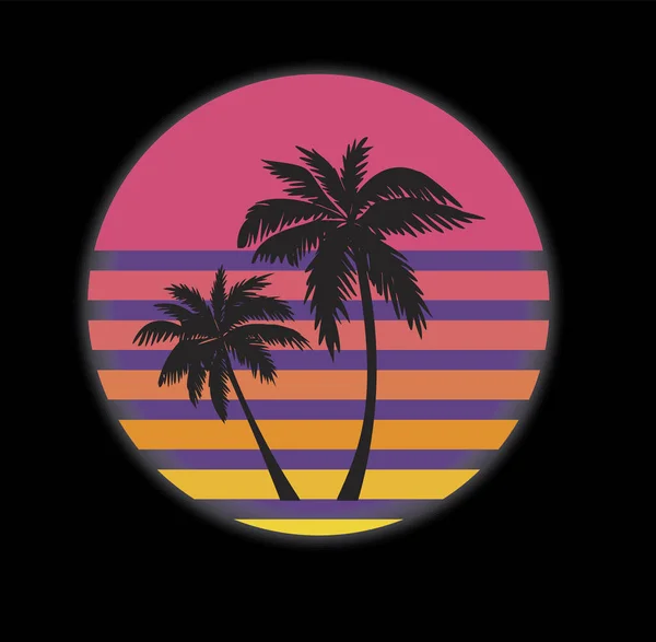 Retrowave Logo Design Tropickými Palmami Stylizované Růžové Slunce Let Izolované — Stockový vektor