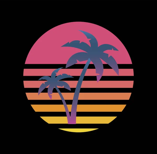 Ρετροϊκή Σχεδίαση Λογότυπου Τροπικούς Φοίνικες Και Στυλιζαρισμένο Ροζ Ήλιο Του — Διανυσματικό Αρχείο