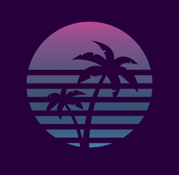 Retrowave Logo Design Tropical Palm Trees 1980 Stylized Pink Sun — Stock Vector