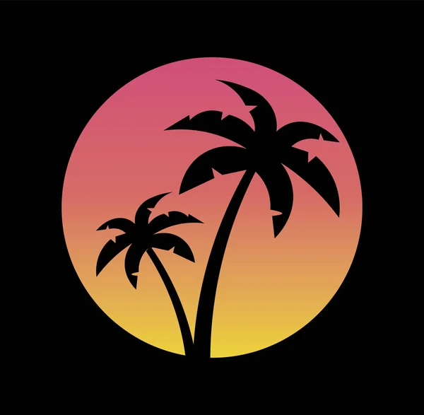 逆波标志设计与热带棕榈树和80年代风格的粉红色和橙色日落 隔离在黑色背景 矢量说明 — 图库矢量图片