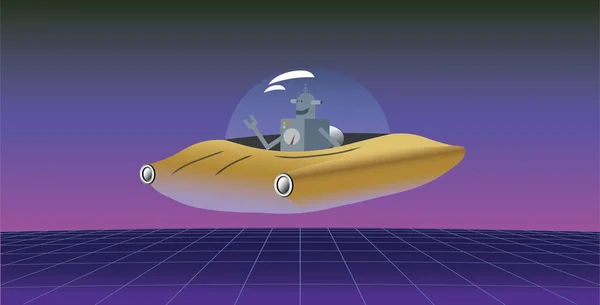 Vector Illustration Retro Sci Robot Driving Flying Saucer 1980 Cyberpunk — Stock Vector