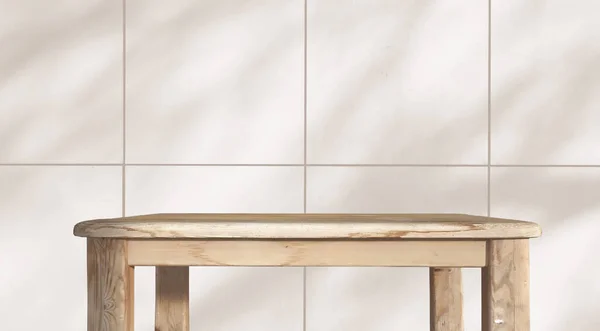 Mockup Tavolo Legno Casa Modello Interno Parete Cemento Con Ombra — Foto Stock