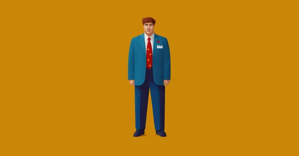 Śmieszne Kreskówki Minimalistyczna Ilustracja Człowieka Garniturze Wyrównane Centrum Pomarańczowe Tło — Zdjęcie stockowe