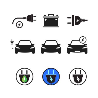 Elektrikli araba piktogramları ve cihazlar ikonları, vektör illüstrasyonu