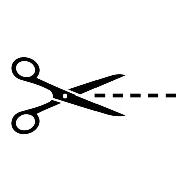 makas ve kesme çizgisi vektör pictogram, siyah siluet simgesi