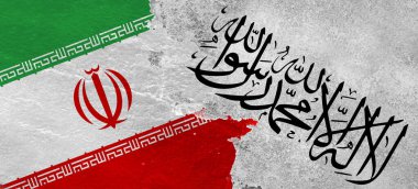 İran - Taliban askeri çatışma illüstrasyonu. Kaba duvar dokusuna karşı İran ve Taliban bayrakları