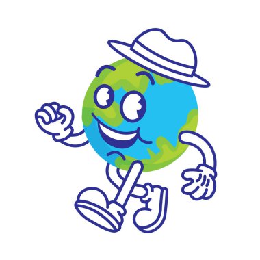 Şapka maskotu, vektör illüstrasyonu, logo, çıkartma tasarımı konsepti içinde yürüyen bir gezegenin klasik çizgi film düz karakteri.