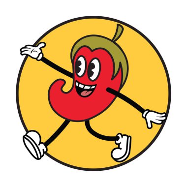 Kırmızı biber maskotunun klasik çizgi film düz karakteri, vektör illüstrasyonu, logo, çıkartma tasarımı konsepti