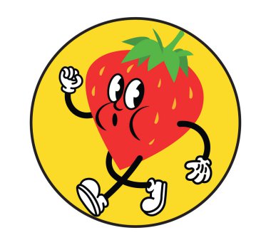 Klasik çizgi film kawaii çilek maskotu, vektör çizimi, yemek logosu tasarımı